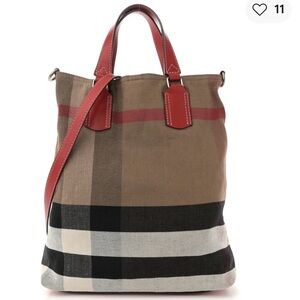 Authentic Burberry - Canvas Mega Check Medium Tottenham Brit Tote Cadmium Red